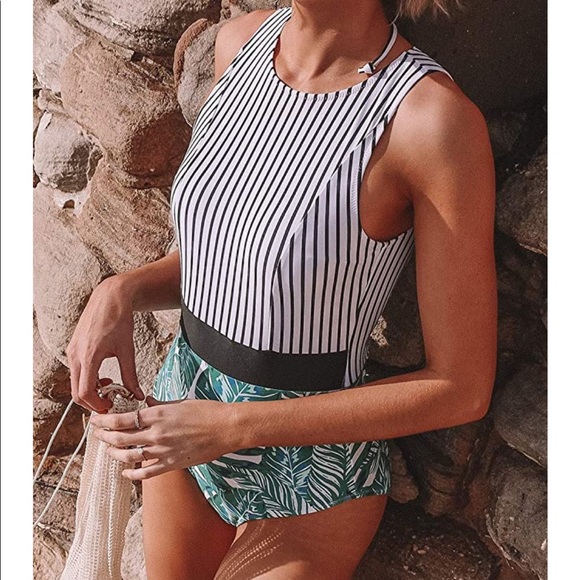 Cupshe Other - Cupshe Black Striped Leafy Tropical High Neck One Piece Swimsuit Large